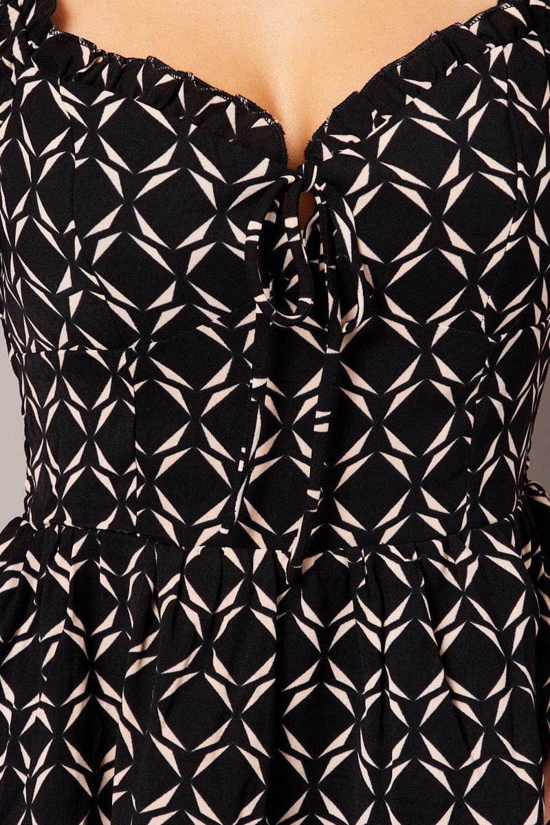 Black Geo Fit And Flare Dress Puff Sleeve - Image 6