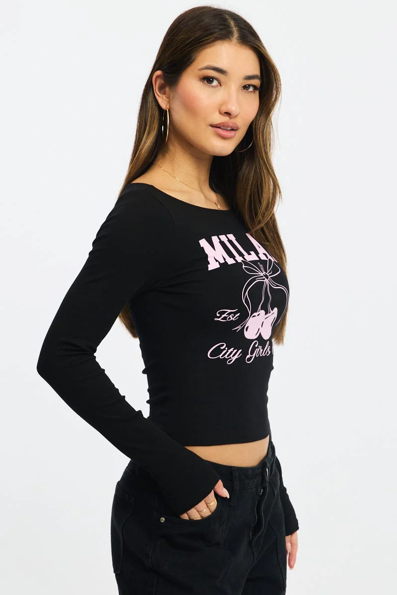 Black Graphic Tee Long Sleeve - Image 3