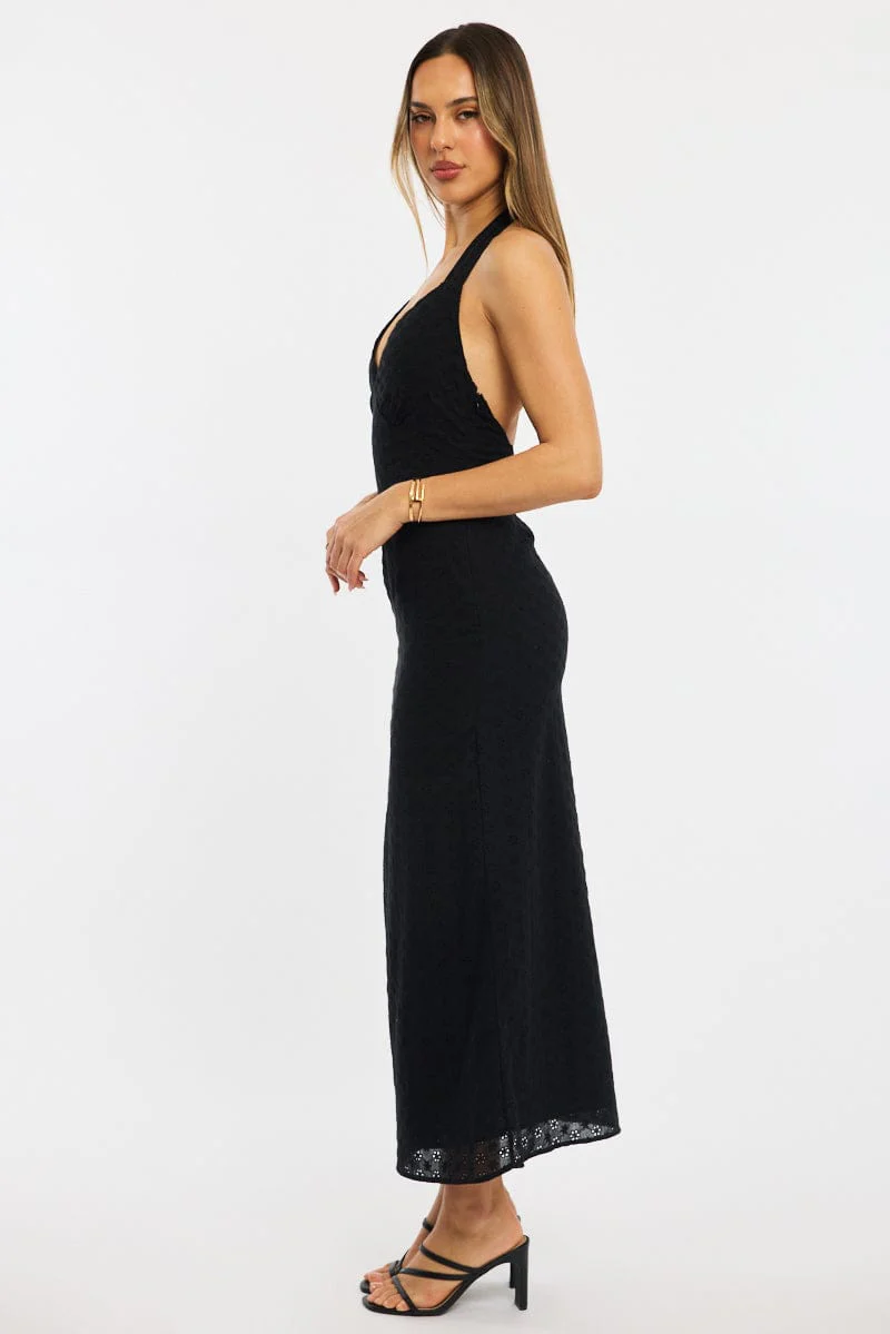 Black Halter Neck Dress Eyelet Fabric - Image 3