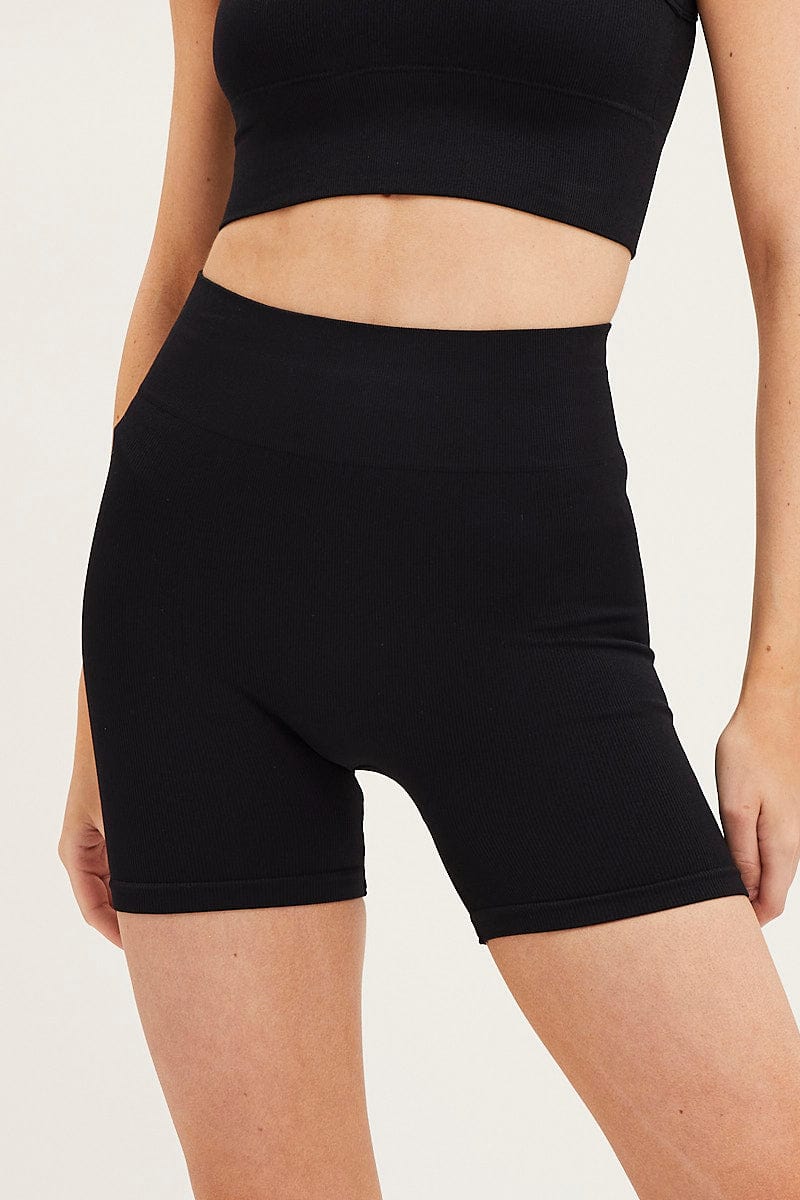 Black High Neck Rib Bind Detail Seamless Tank - Image 2