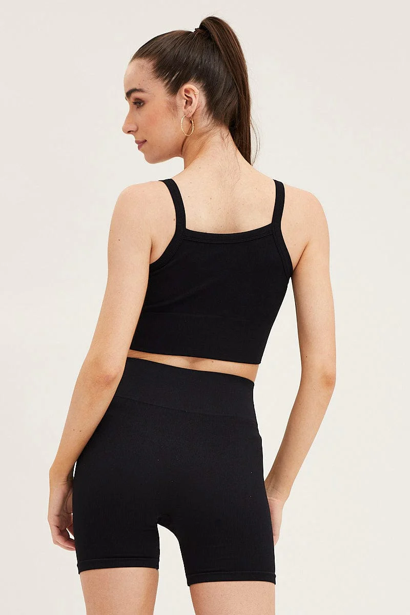 Black High Neck Rib Bind Detail Seamless Tank - Image 5