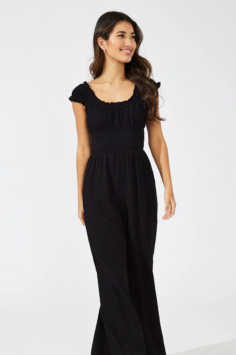 Black Jumpsuit Short Sleeve Off Shoulder Shirred Cotton - Image 2