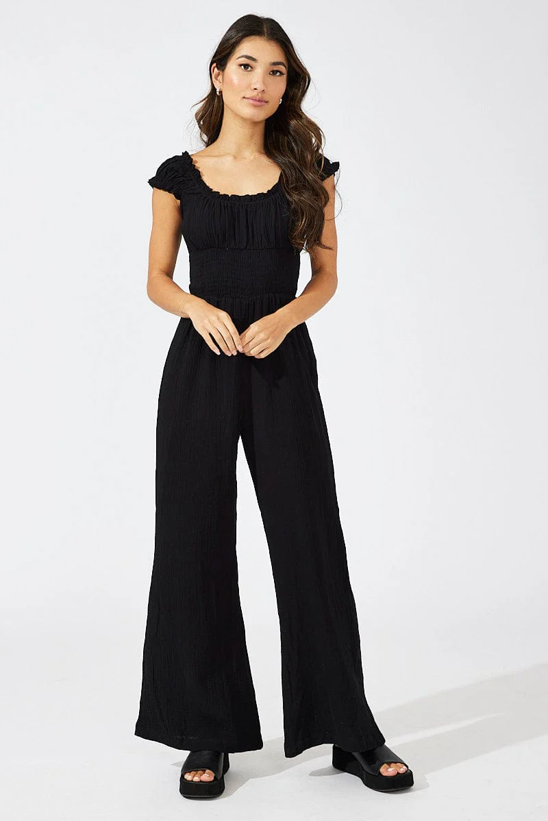 Black Jumpsuit Short Sleeve Off Shoulder Shirred Cotton - Image 3