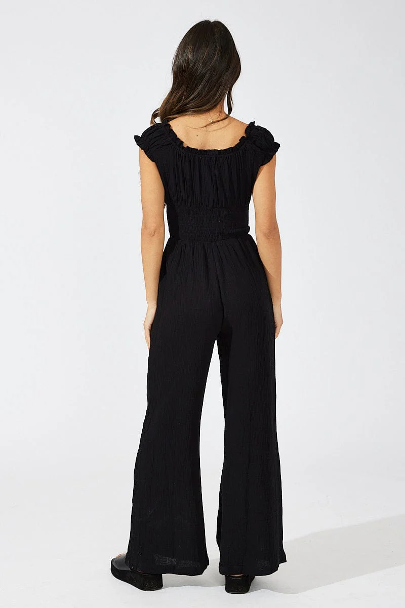 Black Jumpsuit Short Sleeve Off Shoulder Shirred Cotton - Image 5