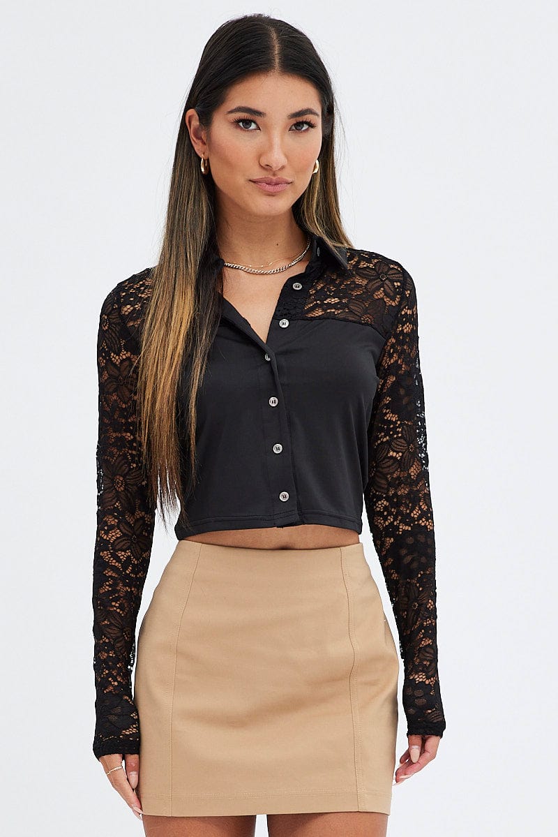 Black Lace Top Long Sleeve Collared Button Up Shirt - Image 3