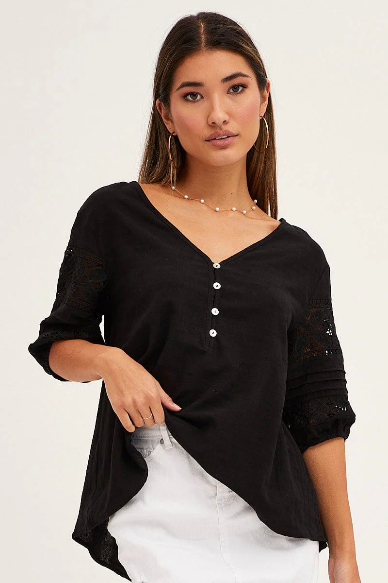 Black Lace Trim Top Half Sleeve V Neck Longline Cotton - Image 3