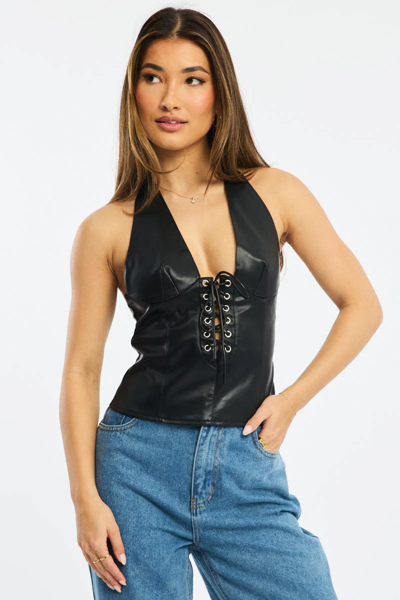 Black Lace Up Top Sleeveless V-neck Pu Faux Leather