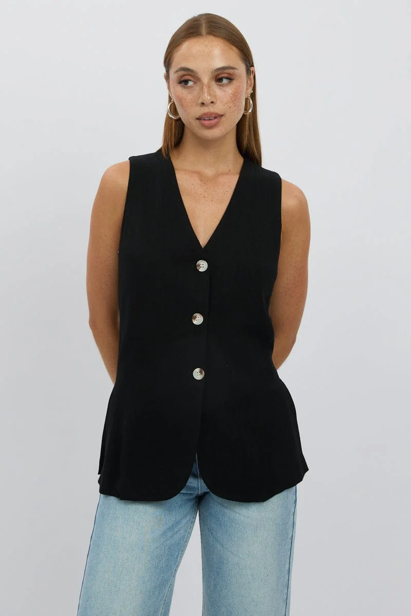 Black Linen Vest Longline V Neck - Image 3