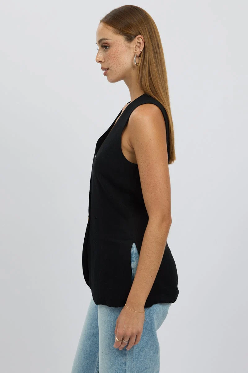 Black Linen Vest Longline V Neck - Image 4
