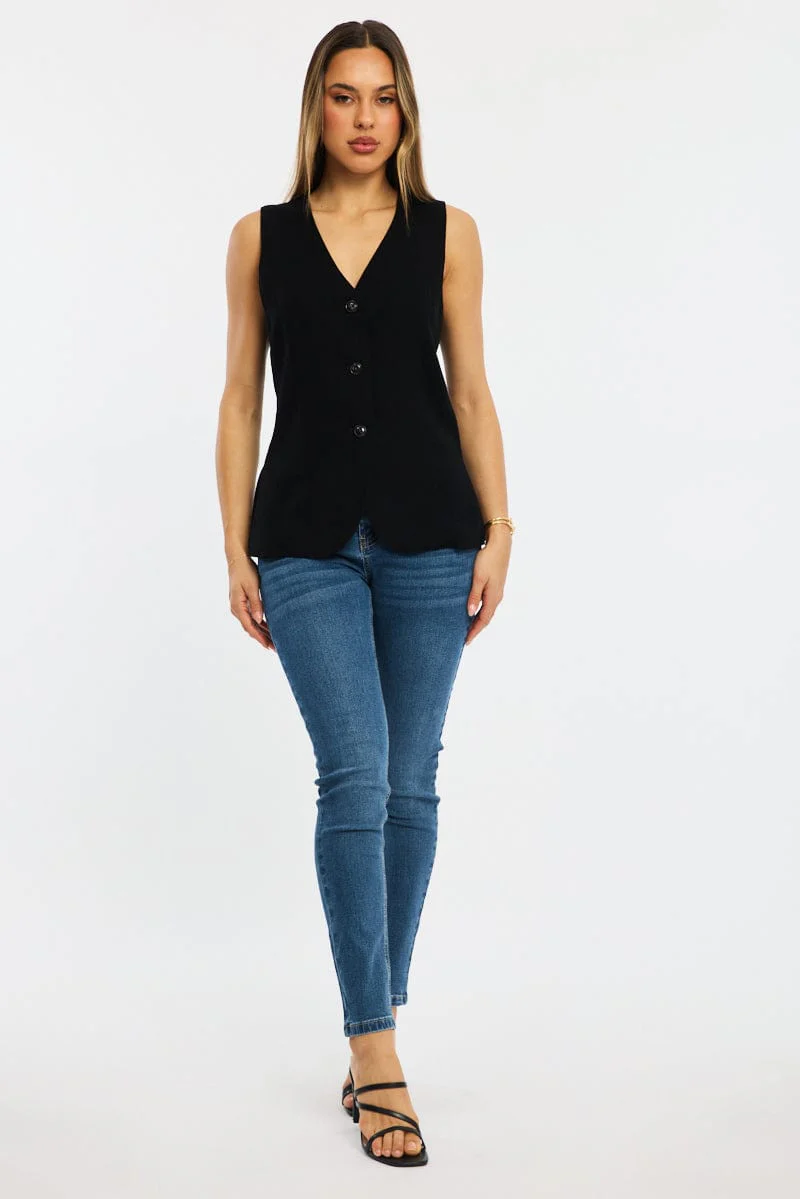 Black Linen Vest Longline V-neck - Image 2