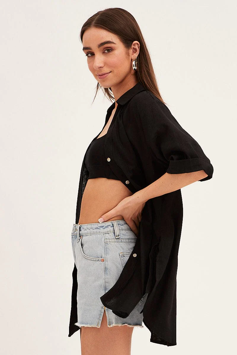Black Long Line Roll Sleeve Collared Button Front Shirt - Image 4