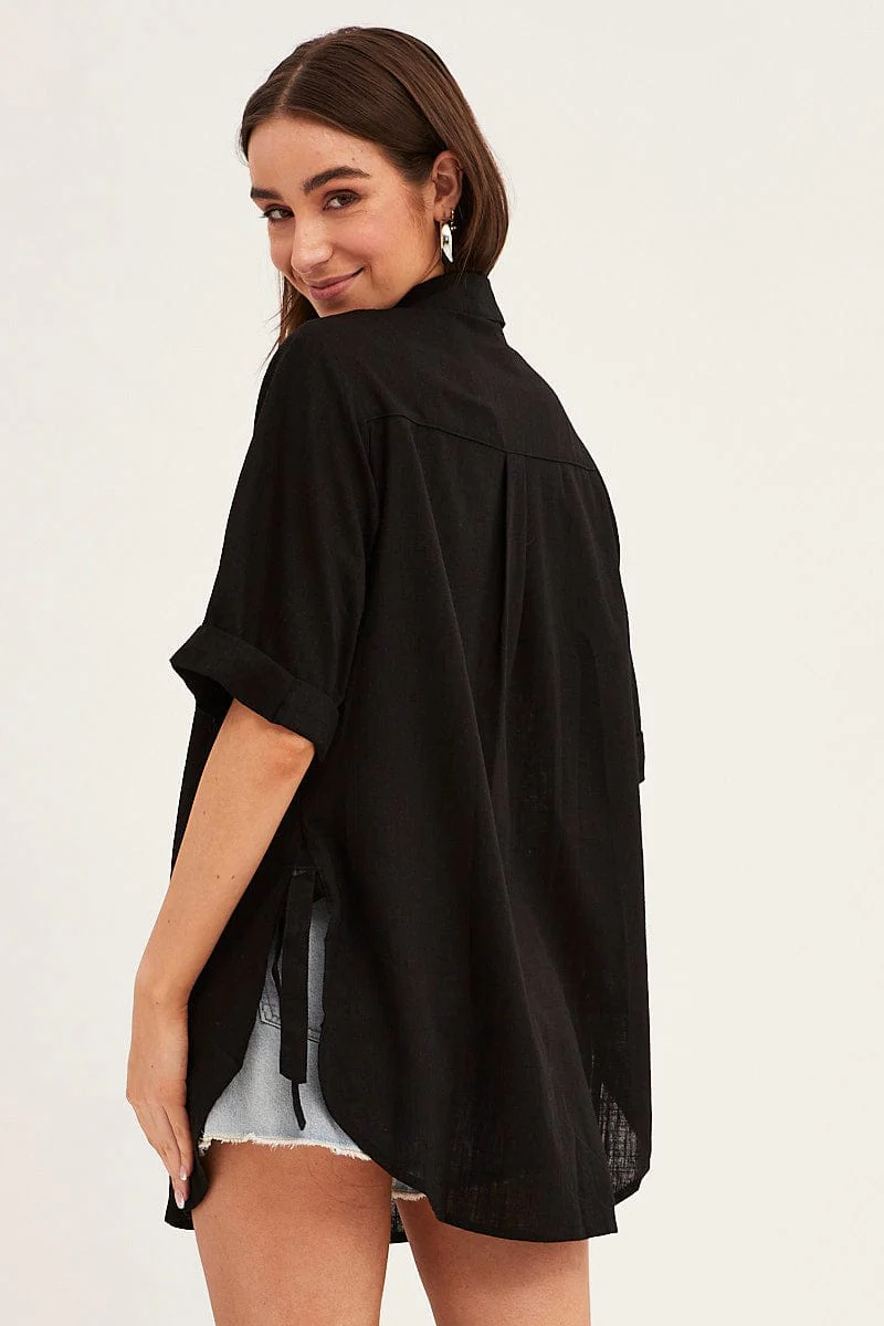 Black Long Line Roll Sleeve Collared Button Front Shirt - Image 5