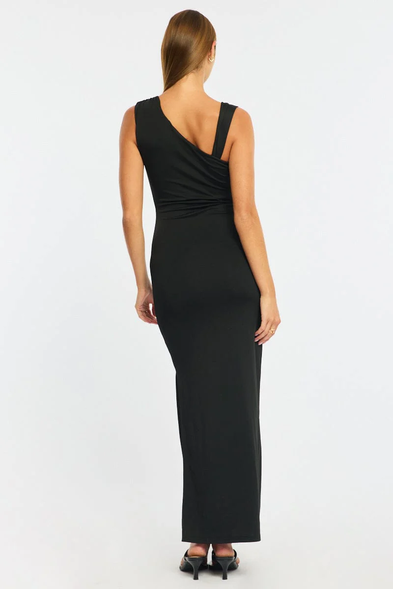 Black Maxi Dress One Shoulder Hard Wear Detail - Image 5
