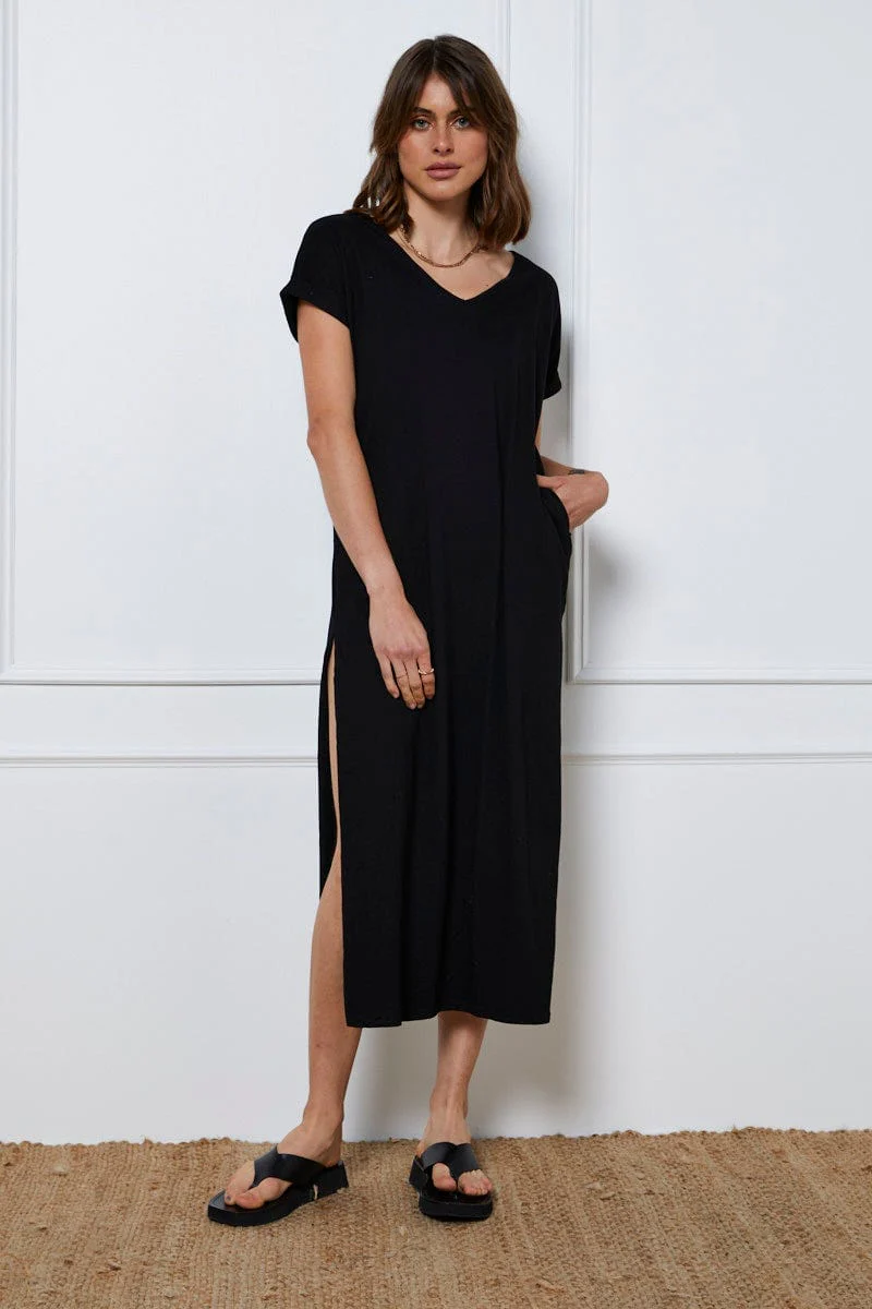 Black Maxi Dress Short Sleeve V Neck
