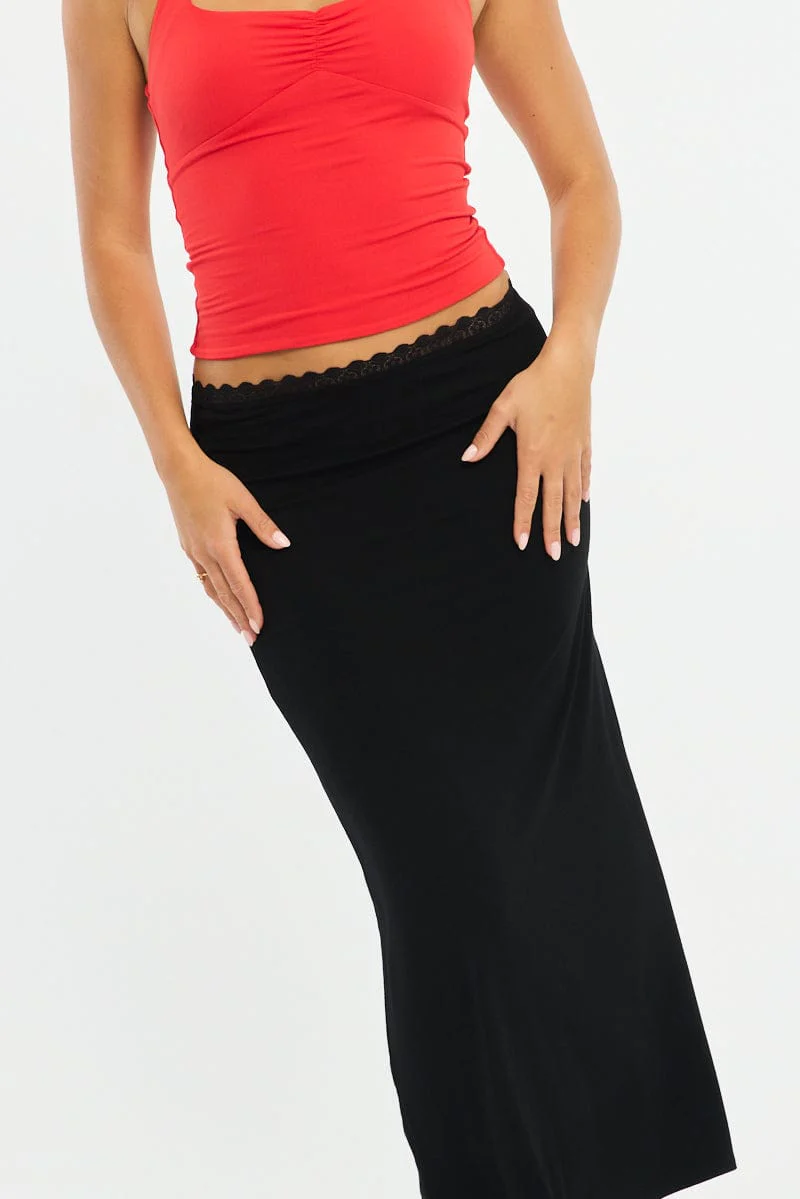 Black Maxi Skirt Elastic Waist Lace Trim Detail Lined - Image 5