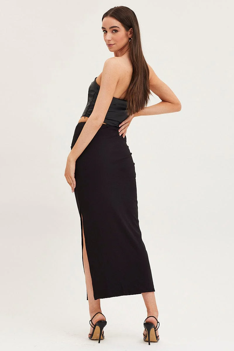 Black Maxi Skirt High Rise Ring Detial Rib Jersey - Image 5