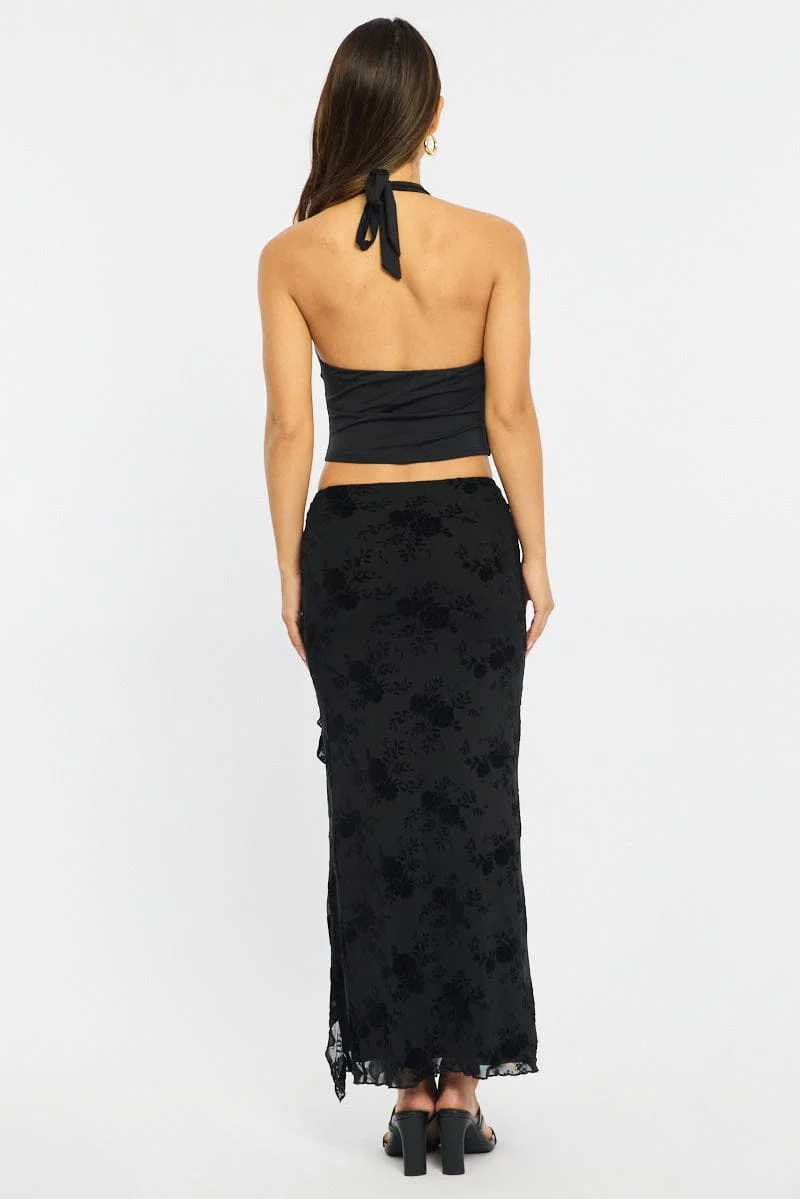 Black Maxi Skirt High Rise Ruffle Frill Hem Burnout - Image 5