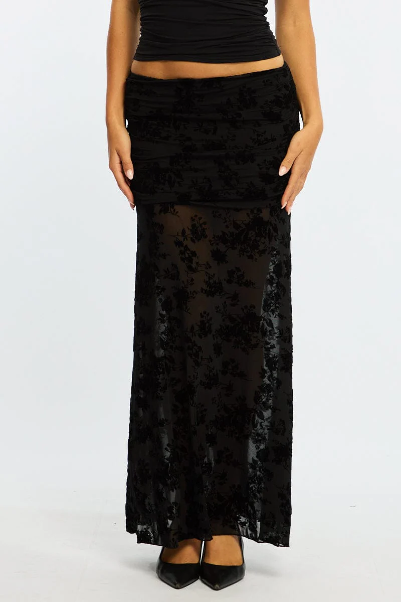 Black Maxi Skirt High Waisted Fit & Flare Burnout - Image 2