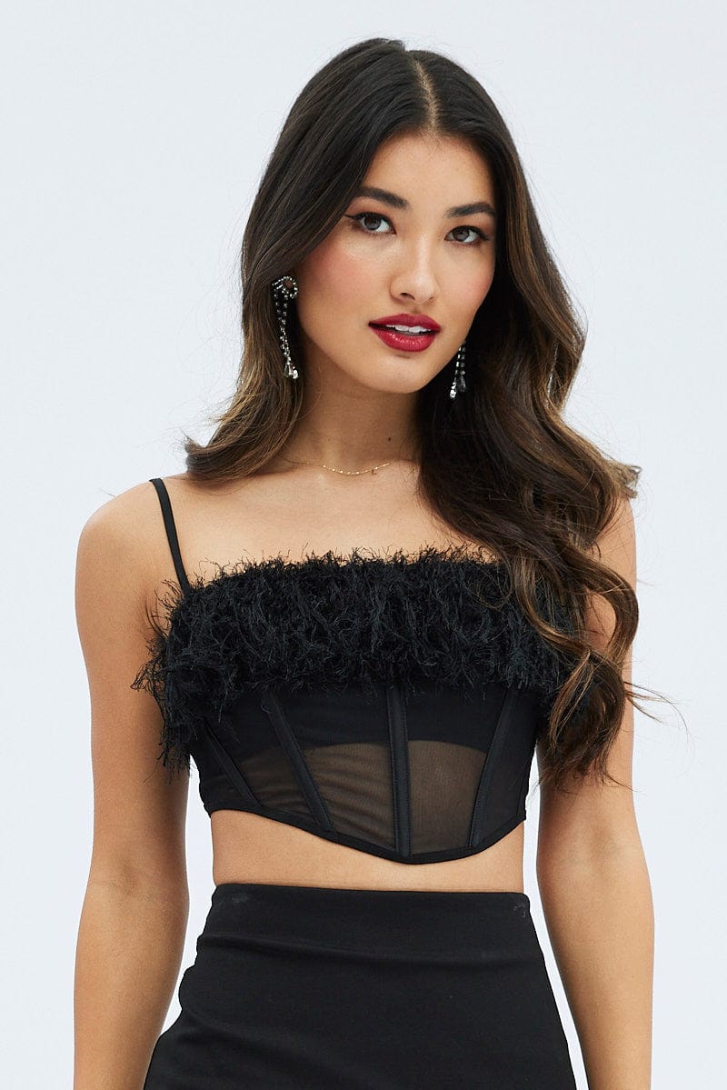 Black Mesh Faux feather corset top - Image 3