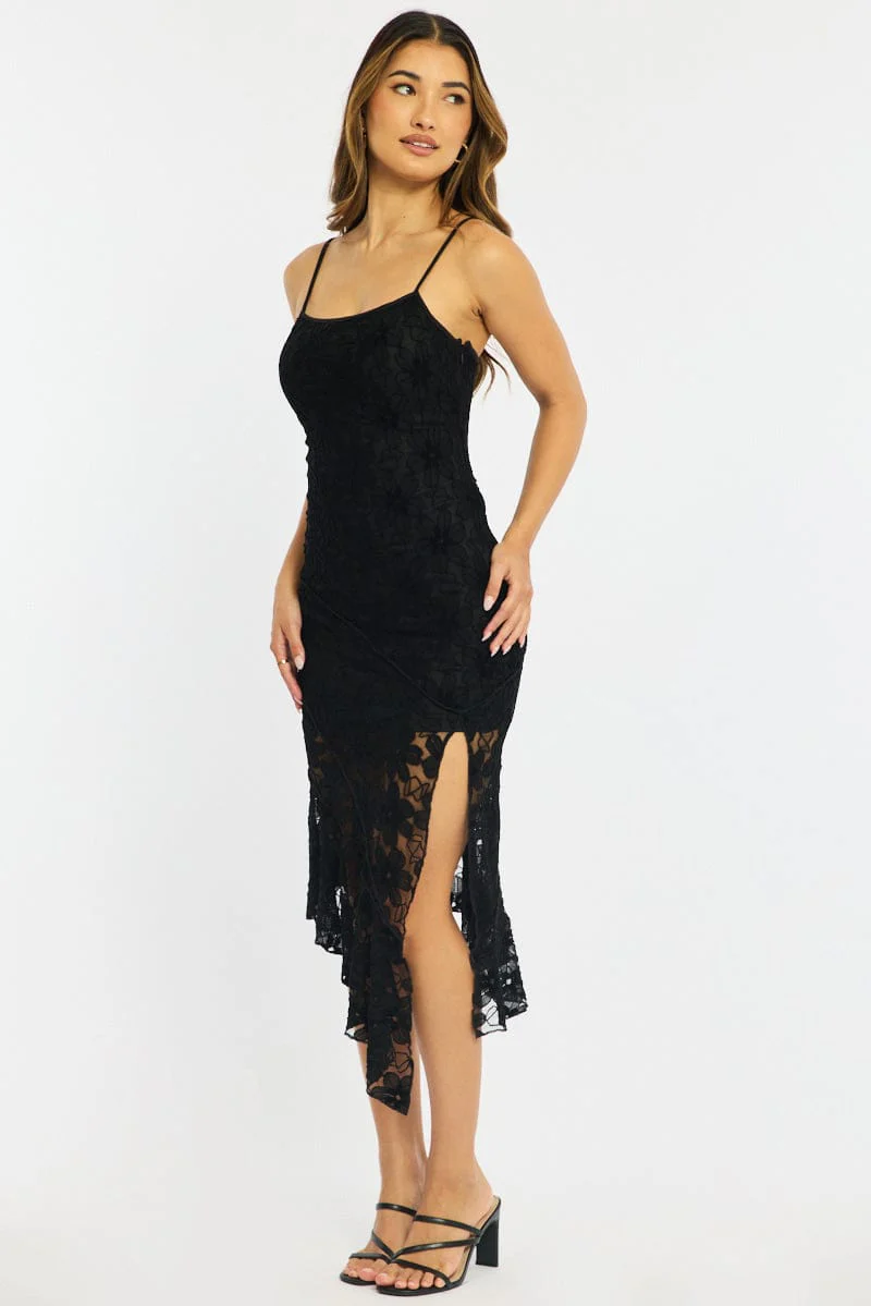 Black Midi Dress Asymmetric Hem Lace - Image 4