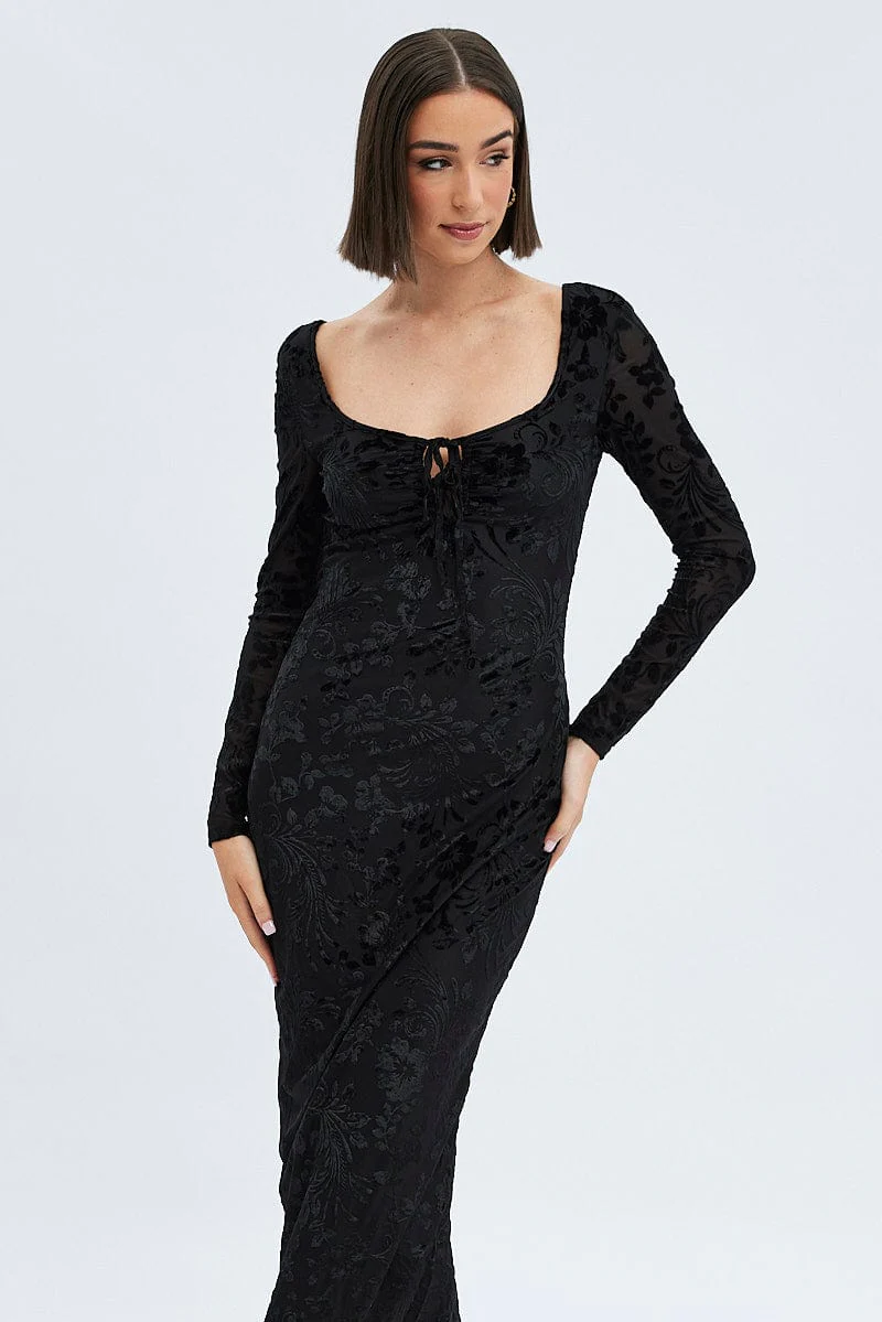 Black Midi Dress Long Sleeve Bodycon Mesh - Image 2