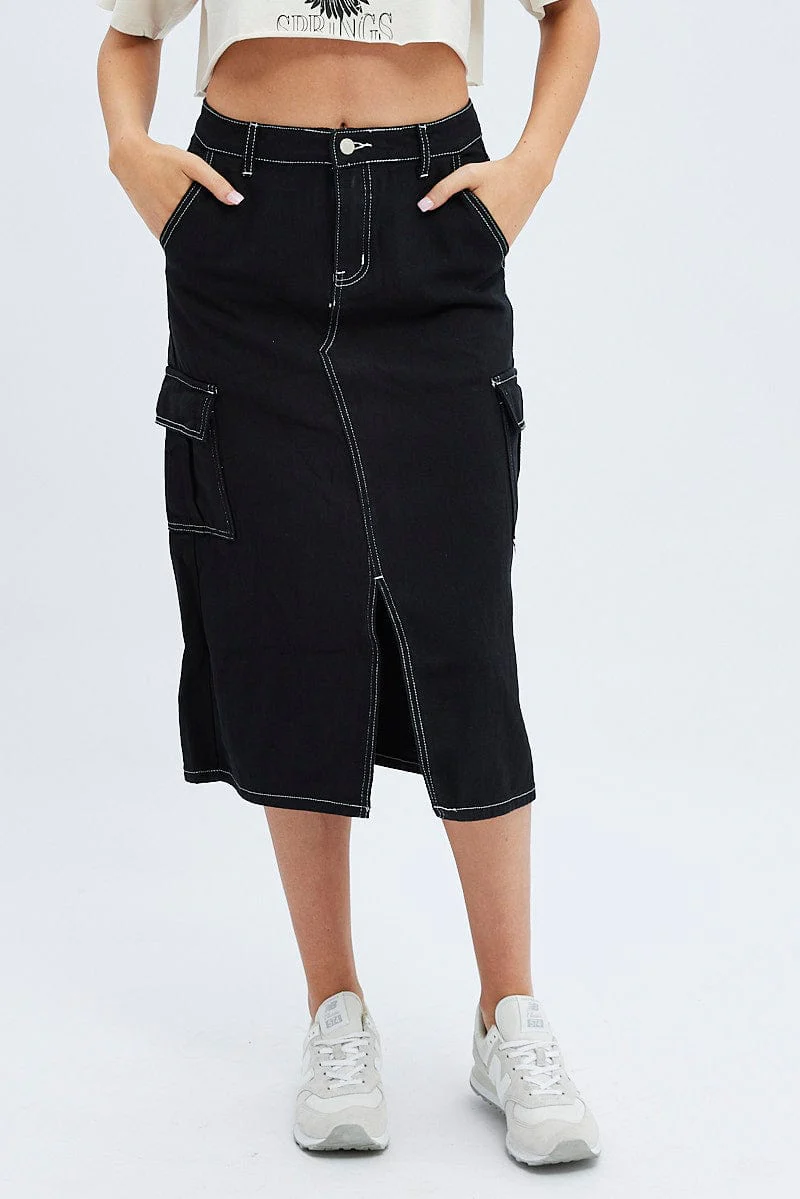 Black Midi Skirt Mid Rise A-line Cargo Contrast Stitch - Image 2