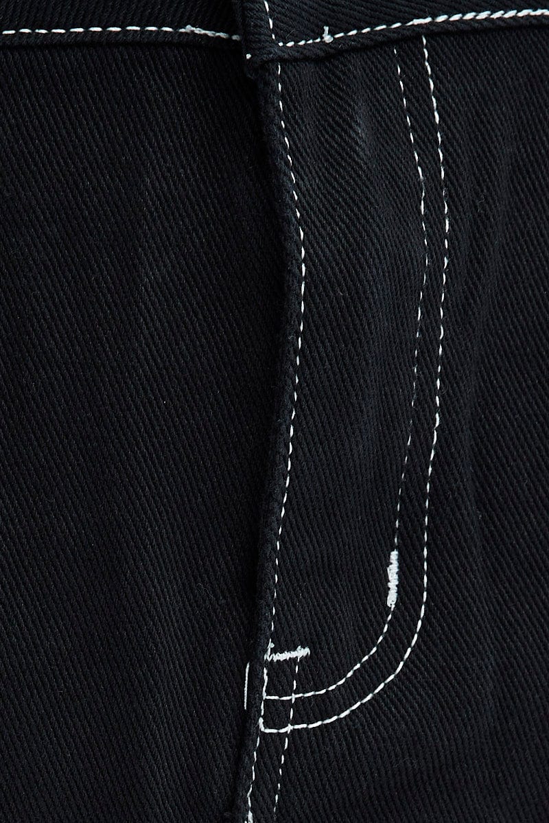 Black Midi Skirt Mid Rise A-line Cargo Contrast Stitch - Image 6