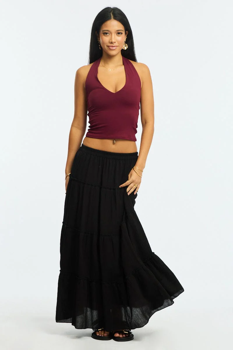 Black Midi Skirt Tiered High Rise Lined Textured Cotton