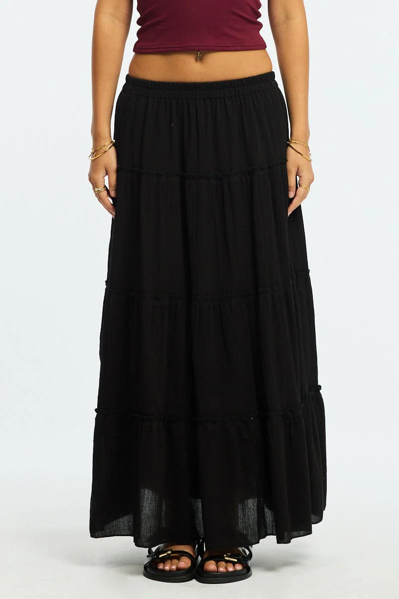 Black Midi Skirt Tiered High Rise Lined Textured Cotton - Image 2