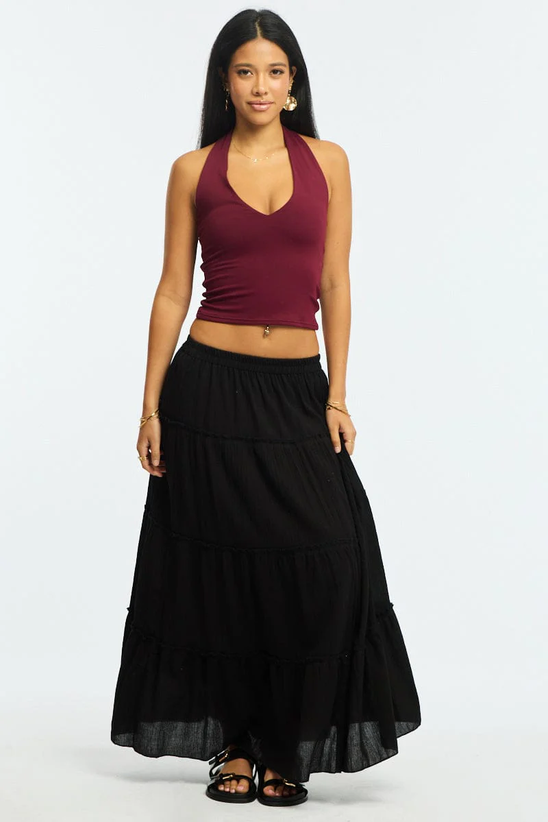 Black Midi Skirt Tiered High Rise Lined Textured Cotton - Image 3