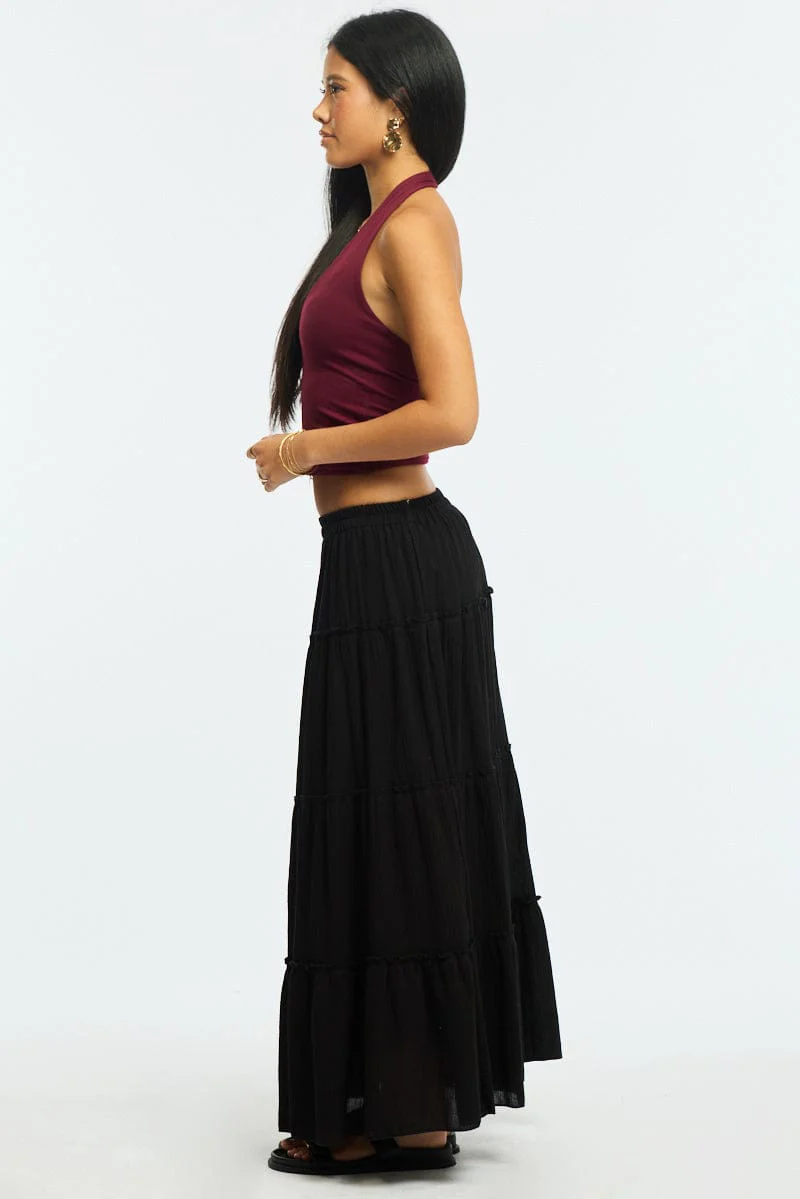 Black Midi Skirt Tiered High Rise Lined Textured Cotton - Image 4