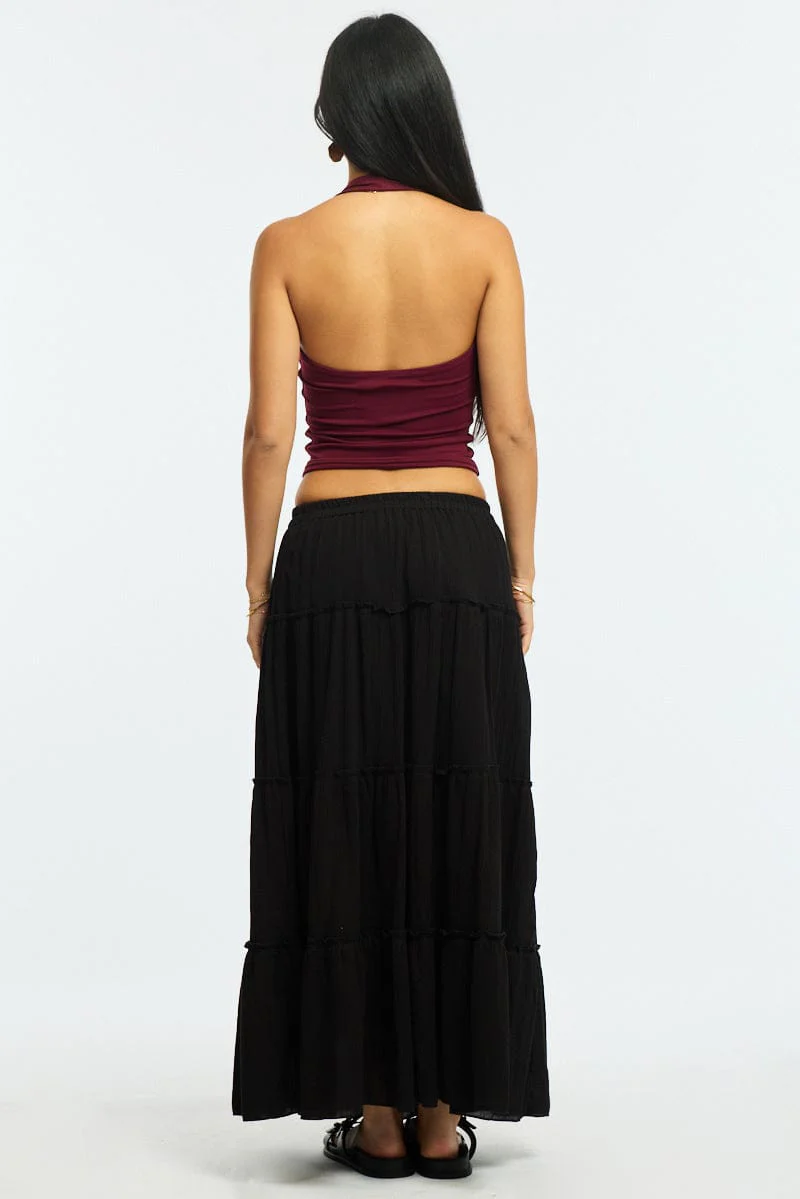 Black Midi Skirt Tiered High Rise Lined Textured Cotton - Image 5