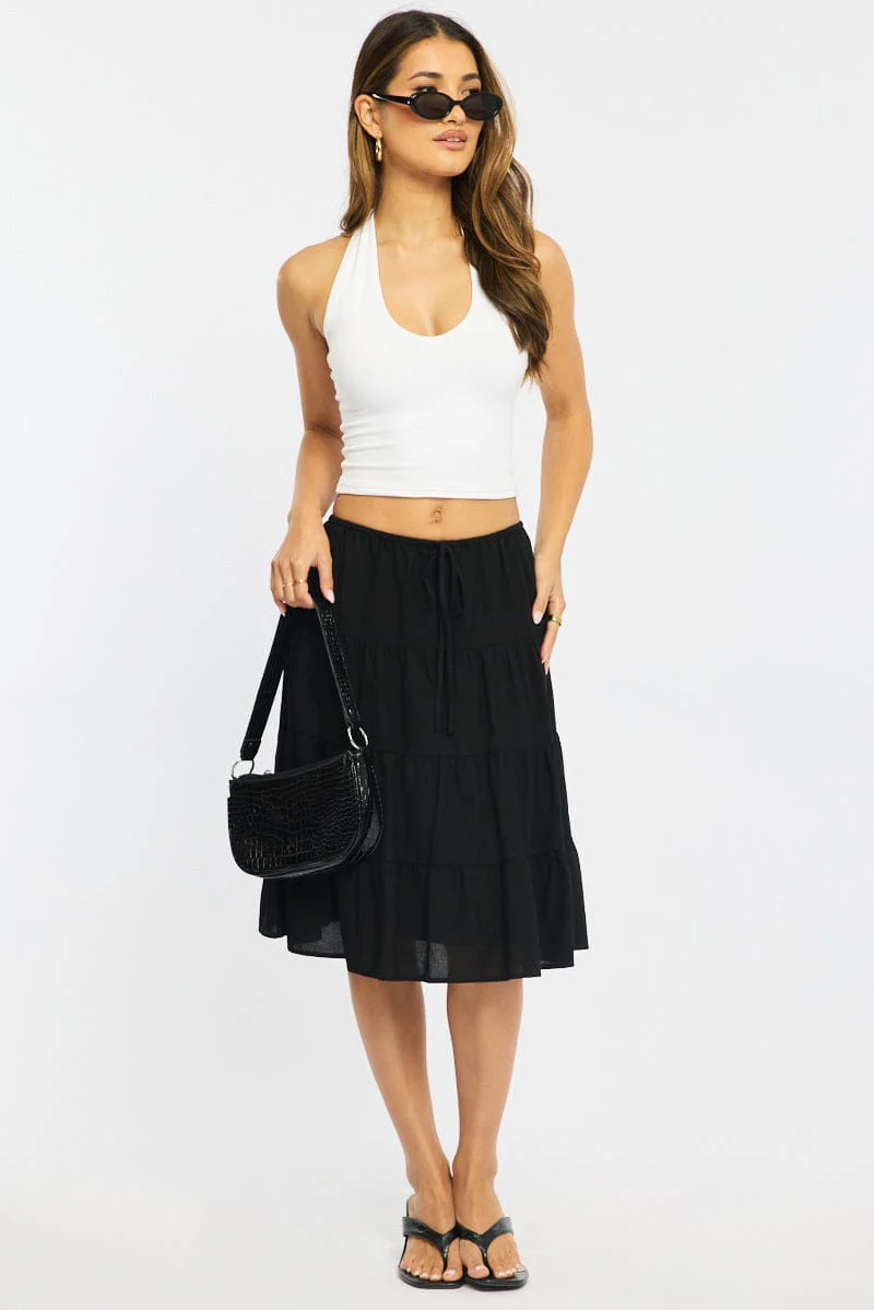 Black Midi Tiered Skirt Mid Rise Lined