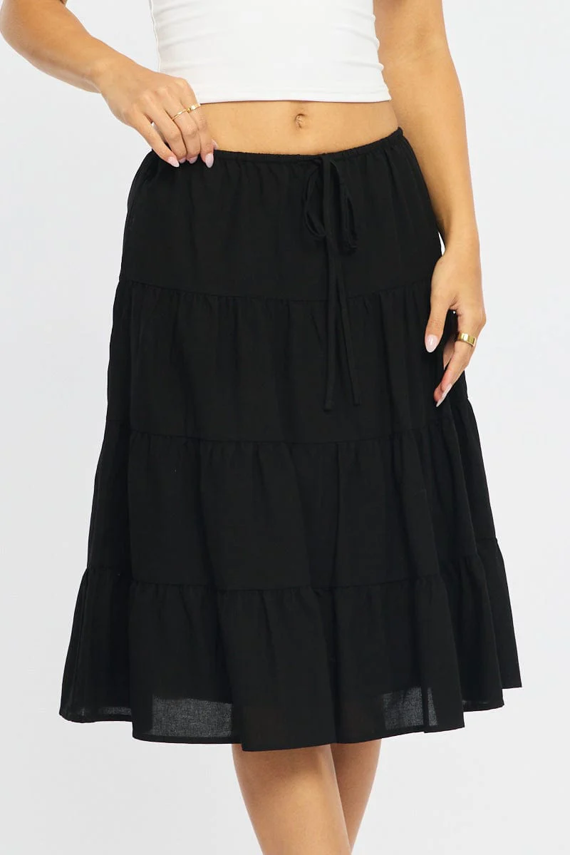 Black Midi Tiered Skirt Mid Rise Lined - Image 2