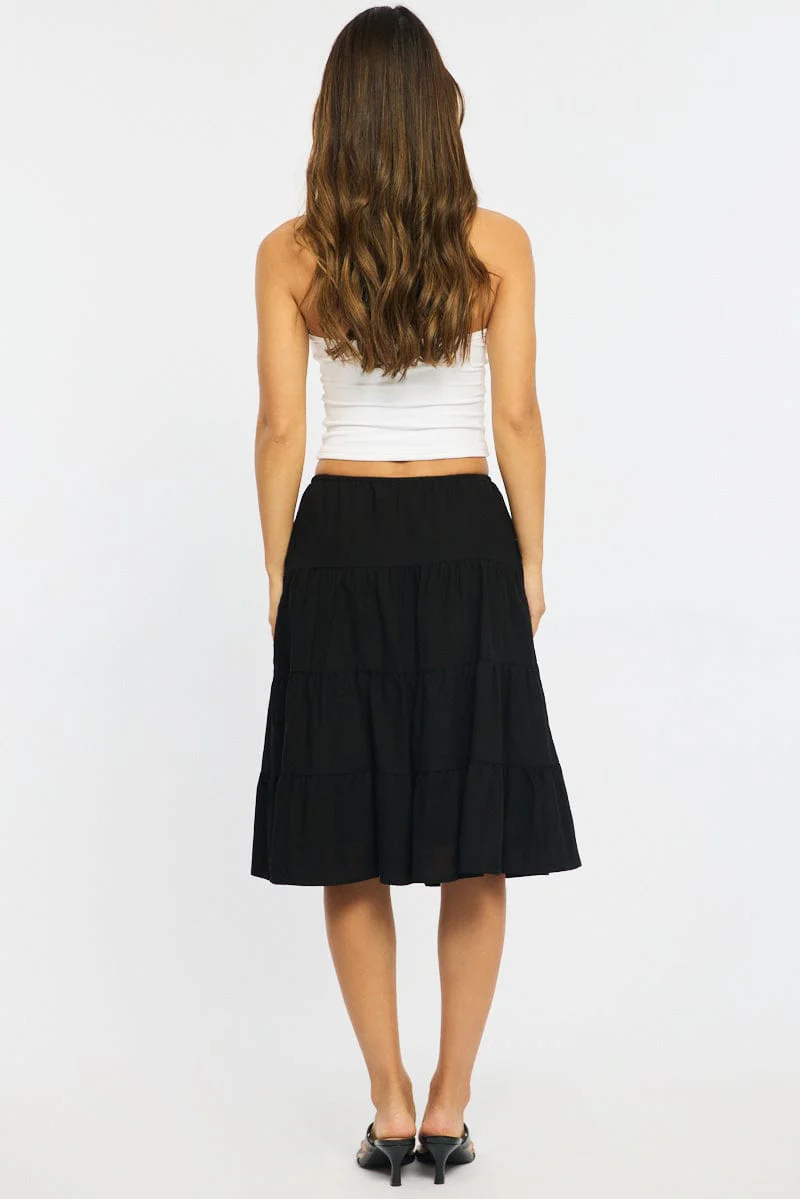 Black Midi Tiered Skirt Mid Rise Lined - Image 5
