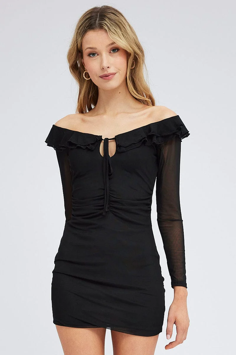 Black Mini Dress Long Sleeve Off Shoulder Frill Mesh - Image 3