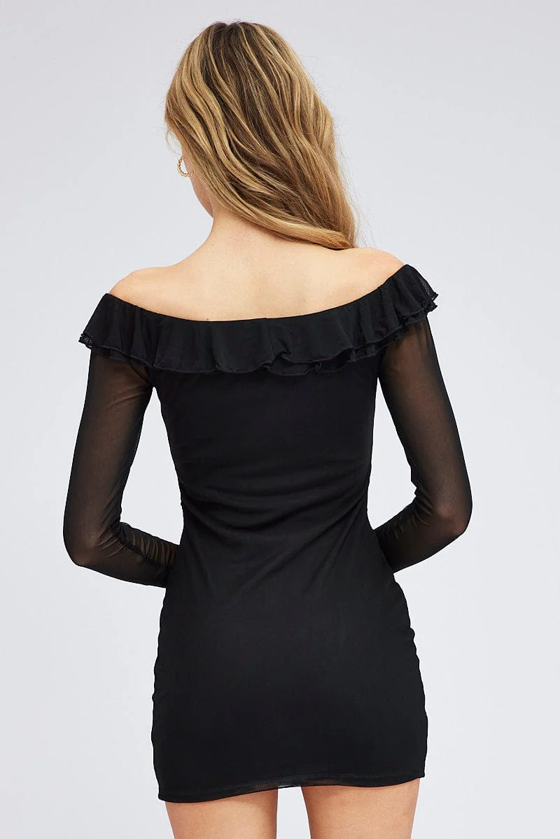 Black Mini Dress Long Sleeve Off Shoulder Frill Mesh - Image 5