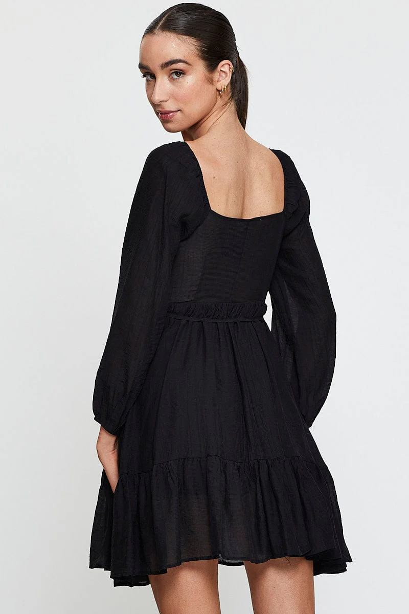 Black Mini Dress Long Sleeve Square Neck - Image 5