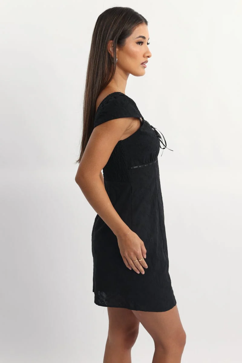 Black Mini Dress Ribbon Detail Eyelet Fabric - Image 4