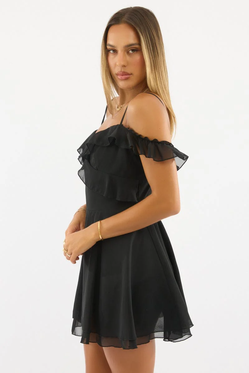 Black Mini Dress Ruffle Detail Chiffon - Image 3