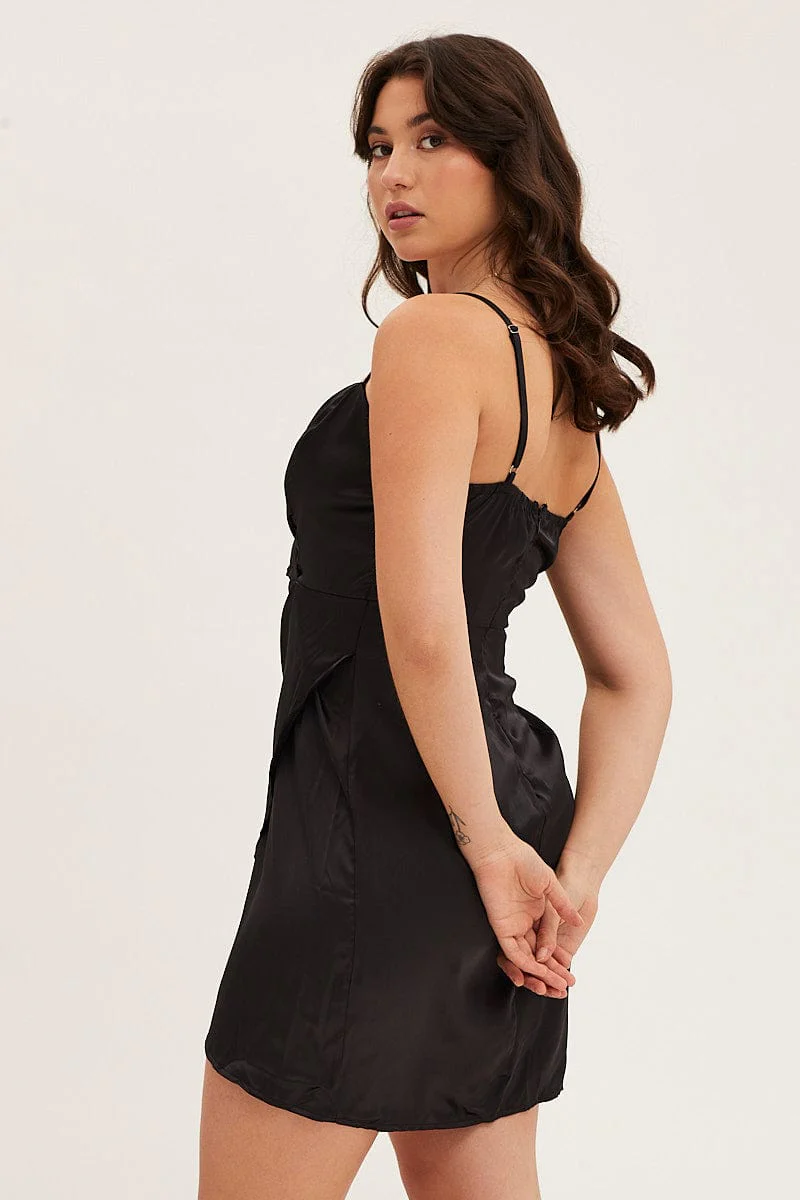 Black Mini Dress Strap Wrap Sweet Heart Neck Polyester - Image 5