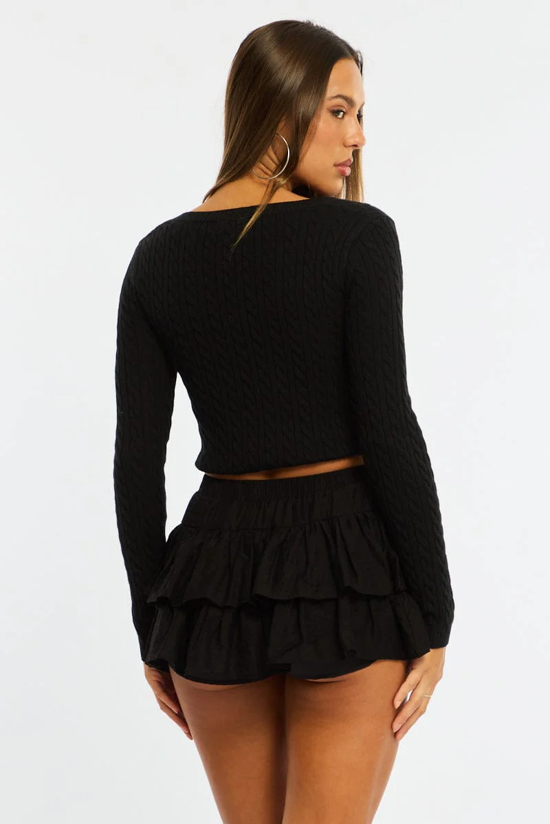 Black Mini Ruffle Skort Skirt Elasticated Waist Textured - Image 6