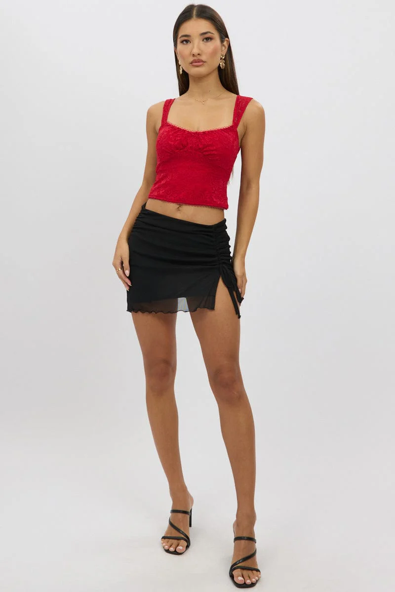 Black Mini Skirt Elastic Waist Assymetric Ruched Front M - Image 2