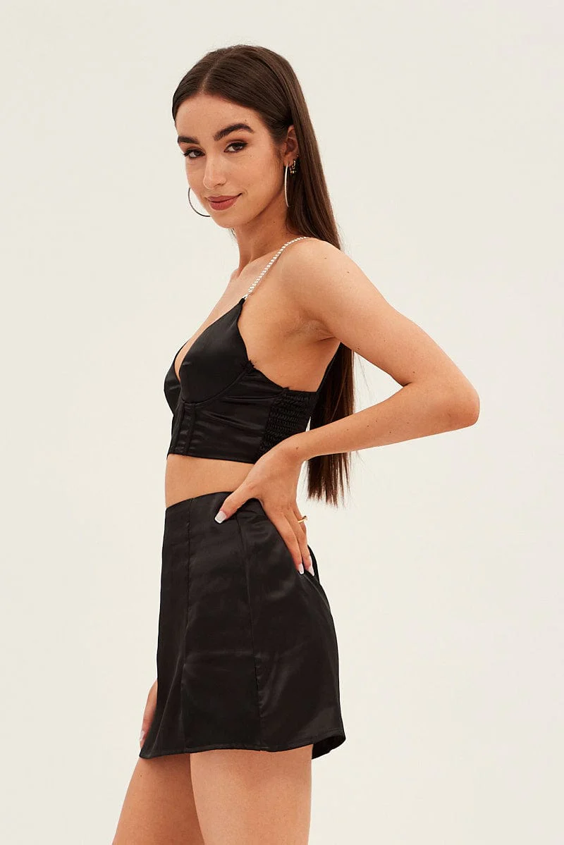 Black Mini Skirt High Waisted Side Slit Party Satin - Image 4