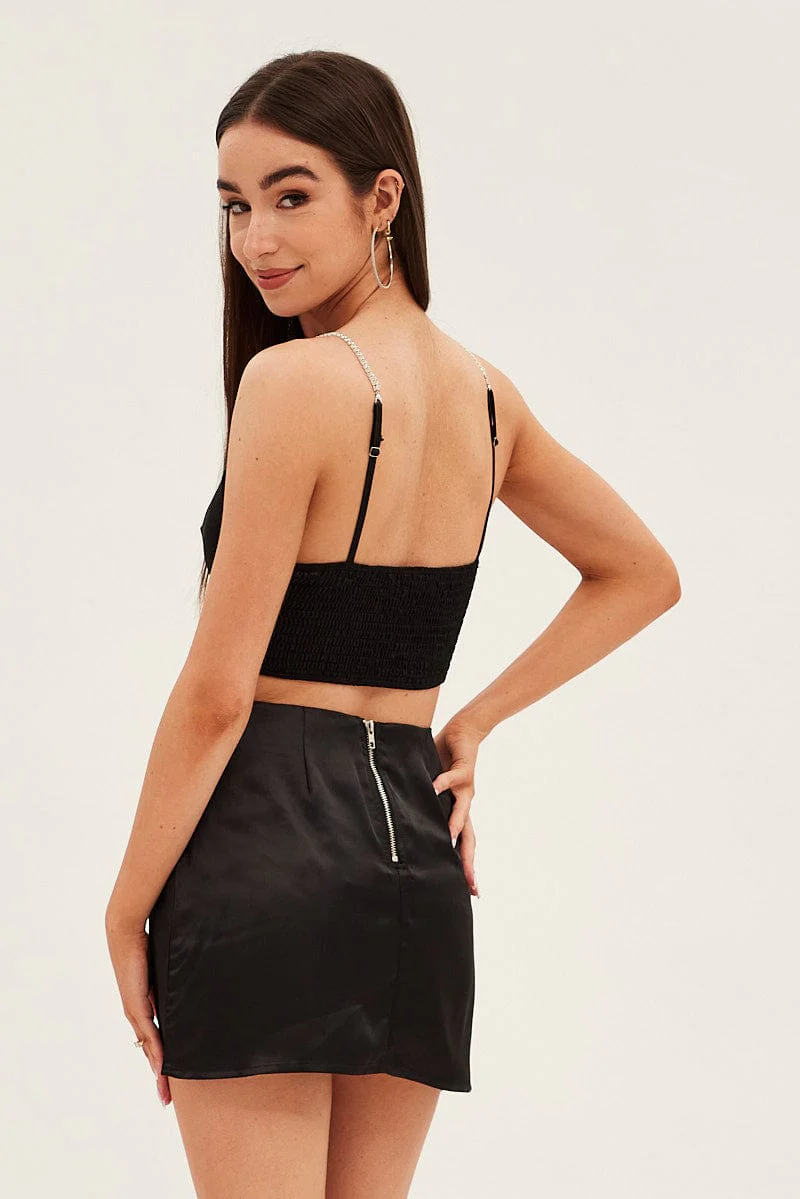 Black Mini Skirt High Waisted Side Slit Party Satin - Image 5