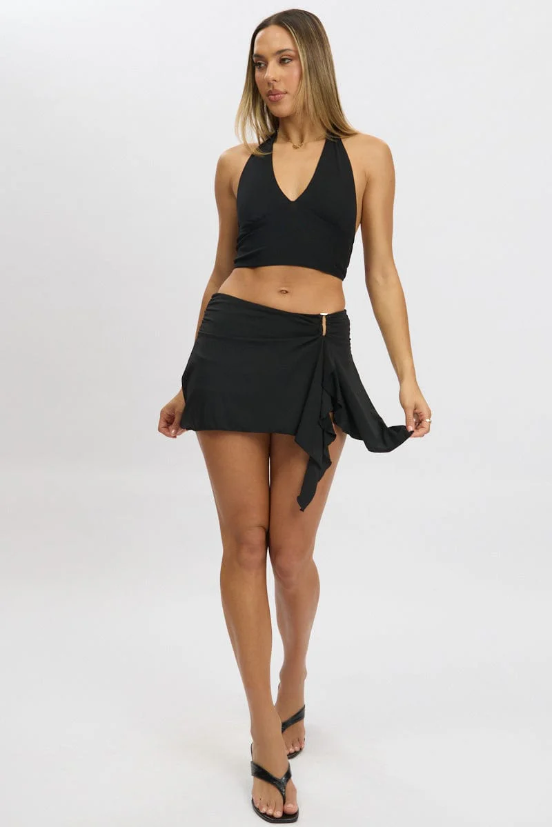 Black Mini Skort Skirt Mid Rise Buckle Detail High Low - Image 2