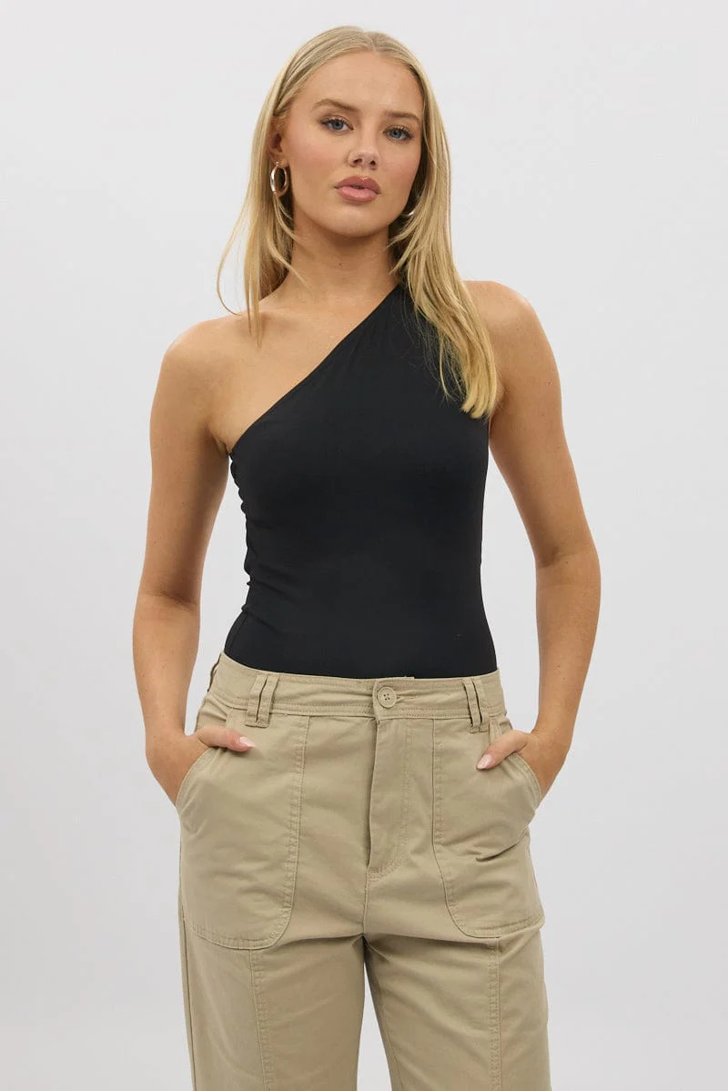 Black One Shoulder Bodysuit Supersoft - Image 3