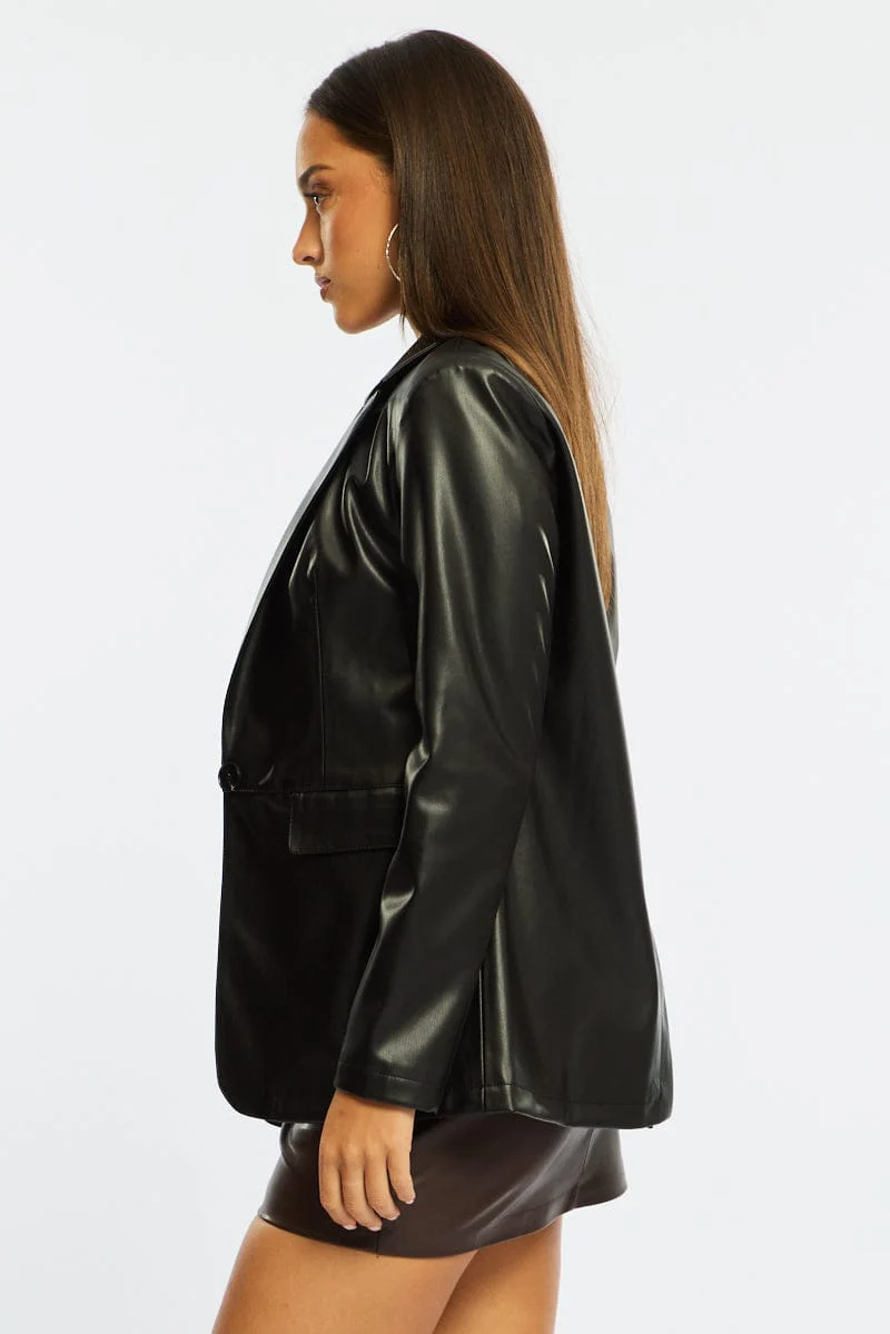 Black Oversized Blazer Faux Leather - Image 4