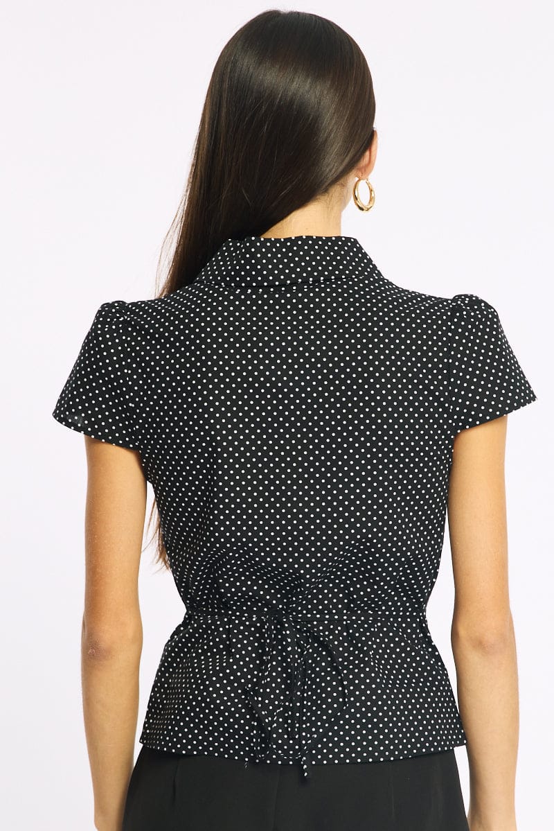 Black Polka Dot Button Up Shirt Short Sleeve Collared Tie Back - Image 4