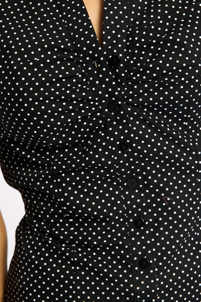 Black Polka Dot Button Up Shirt Short Sleeve Collared Tie Back - Image 5